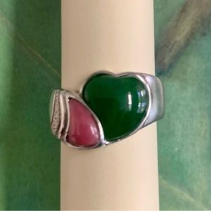 Sterling silver ring with green and pink stones. Size 5.